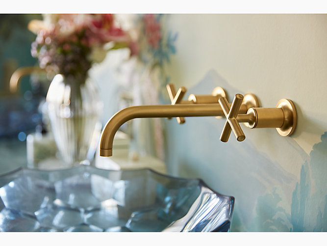 K T14414 3 Purist Wall Mount Sink Faucet Trim Cross Handles Kohler - Brass Wall Mount Faucet In Bathroom